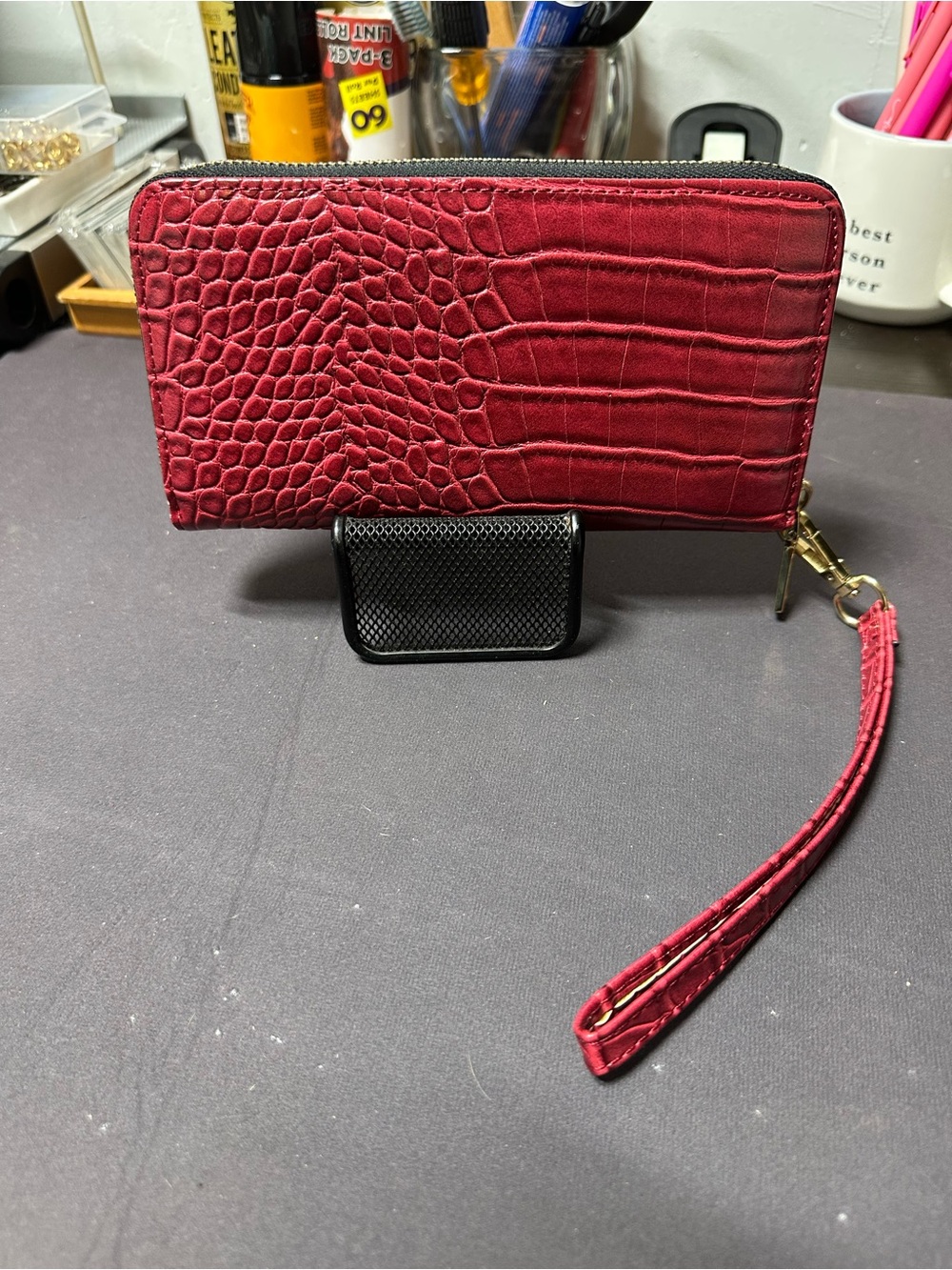 Red Croc-Embossed Zip Wristlet Wallet - Women